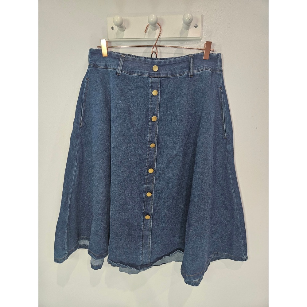 Belle Poque Blue Denim Button Front Midi A-Line Skirt XL Elastic Waist Pocket